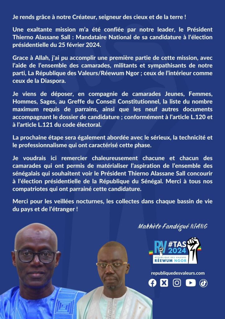 Thierno Alassane Sall dépose sa candidature